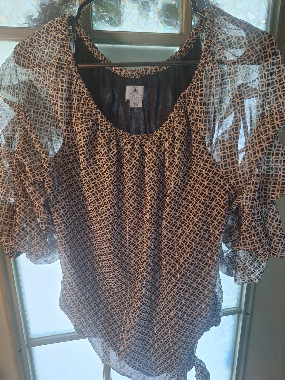 CeCe Black and Cream Geometric Sheer Ruffle Sleeve Blouse